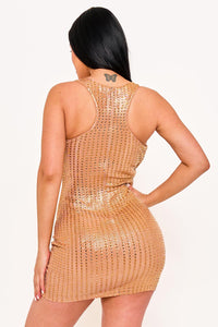 RHINESTONE ON SLINKY FOIL CROP TOP MINI DRESS