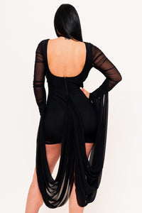 SHIRRING DRAPPED ATTACHED BACK MINI DRESS