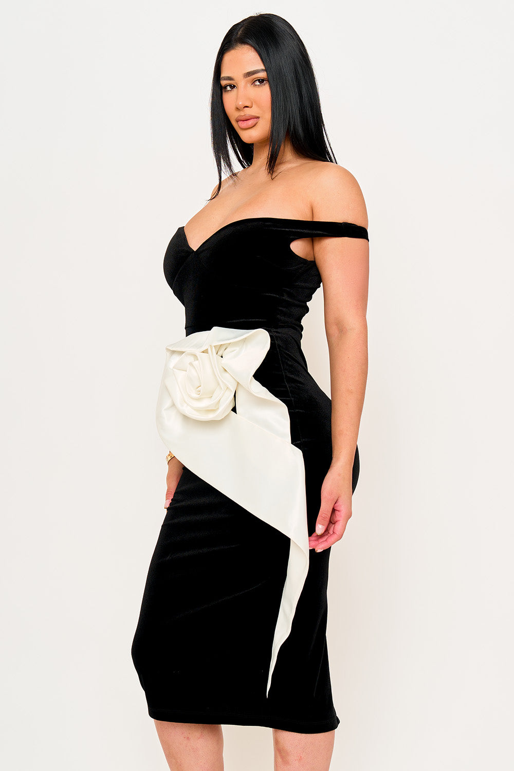 TWO TONE CONTRAST FLOWER SYMPHONY MIDI DRESS