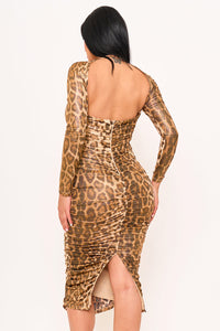 LEOPARD PRINT PLUNGING V-NECK MIDI DRESS