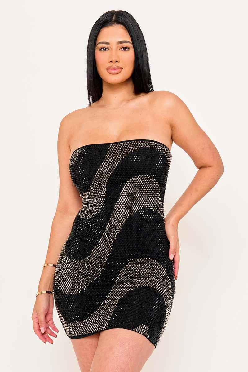 SWIRL PATTERNED RHINESTONE TUBE TOP MINI DRESS