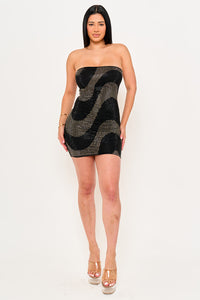 SWIRL PATTERNED RHINESTONE TUBE TOP MINI DRESS