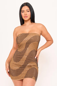 SWIRL PATTERNED RHINESTONE TUBE TOP MINI DRESS