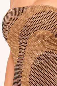 SWIRL PATTERNED RHINESTONE TUBE TOP MINI DRESS