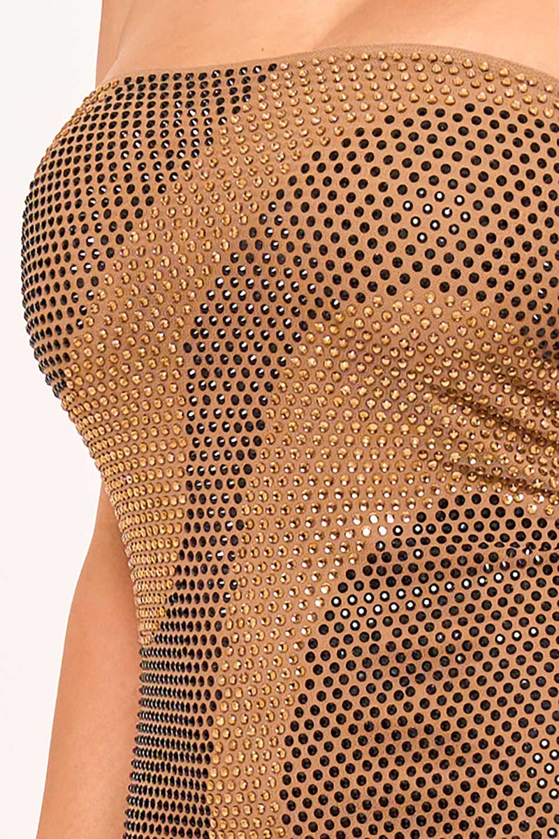 SWIRL PATTERNED RHINESTONE TUBE TOP MINI DRESS