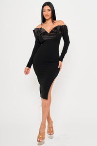 OFF THE SHOULDER WITH SATIN RUFFLE TOP MIDI DRESS