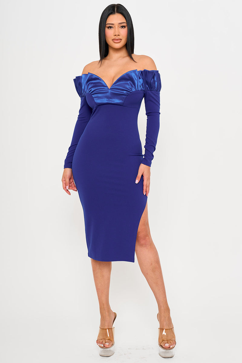 OFF THE SHOULDER WITH SATIN RUFFLE TOP MIDI DRESS