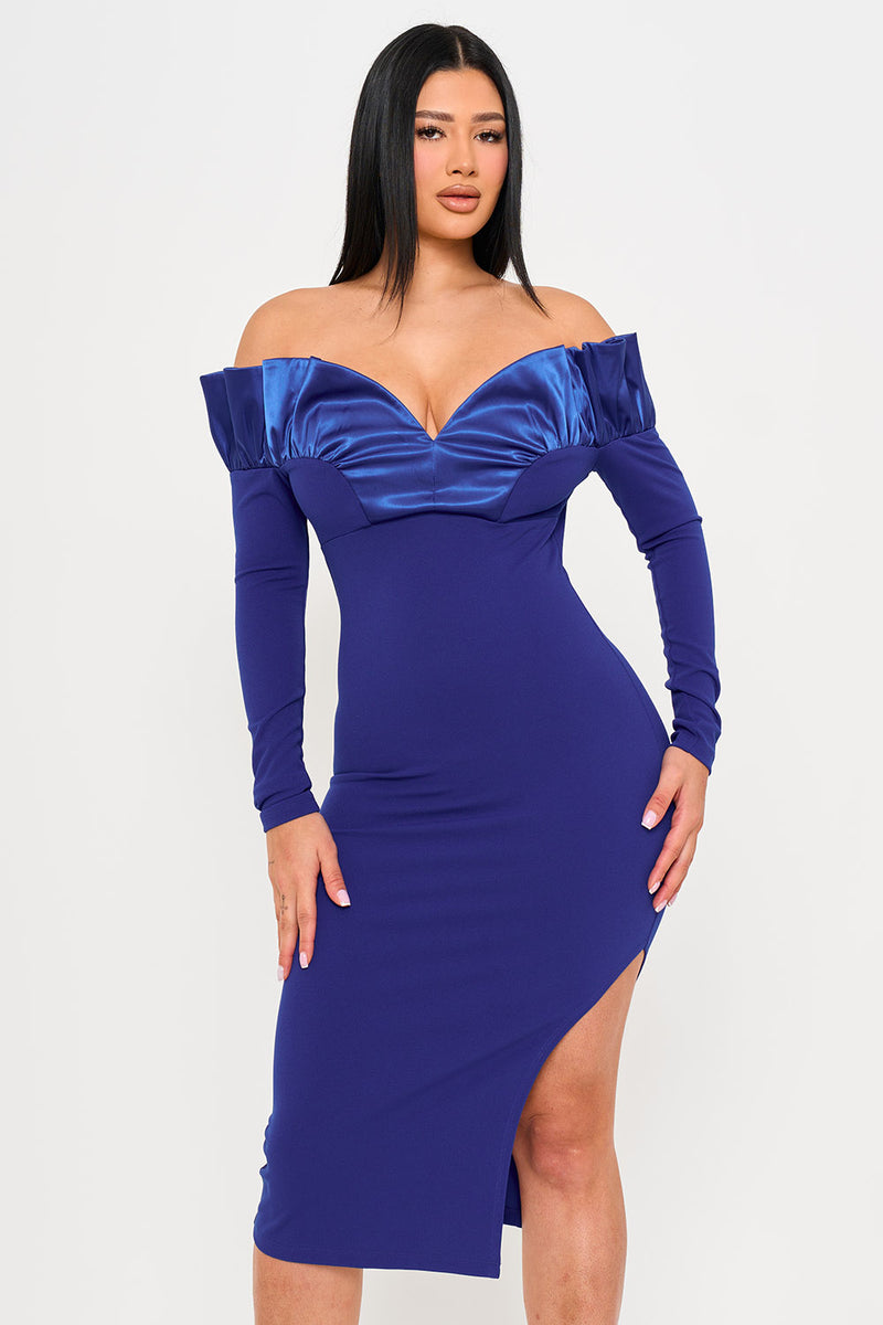 OFF THE SHOULDER WITH SATIN RUFFLE TOP MIDI DRESS