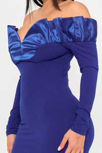 OFF THE SHOULDER WITH SATIN RUFFLE TOP MIDI DRESS