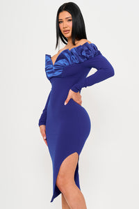 OFF THE SHOULDER WITH SATIN RUFFLE TOP MIDI DRESS