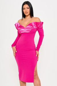 OFF THE SHOULDER WITH SATIN RUFFLE TOP MIDI DRESS