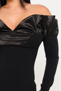 OFF THE SHOULDER WITH SATIN RUFFLE TOP MIDI DRESS