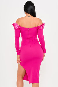 OFF THE SHOULDER WITH SATIN RUFFLE TOP MIDI DRESS