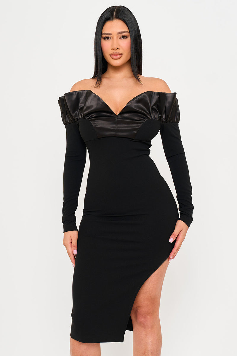 OFF THE SHOULDER WITH SATIN RUFFLE TOP MIDI DRESS