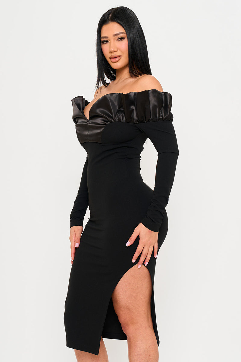 OFF THE SHOULDER WITH SATIN RUFFLE TOP MIDI DRESS