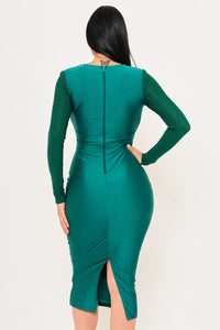 RHINESTONE ON MESH SLEEVE SATIN MIDI DRESS