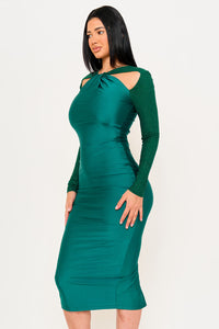 RHINESTONE ON MESH SLEEVE SATIN MIDI DRESS