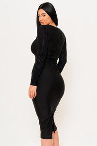 RHINESTONE ON MESH SLEEVE SATIN MIDI DRESS