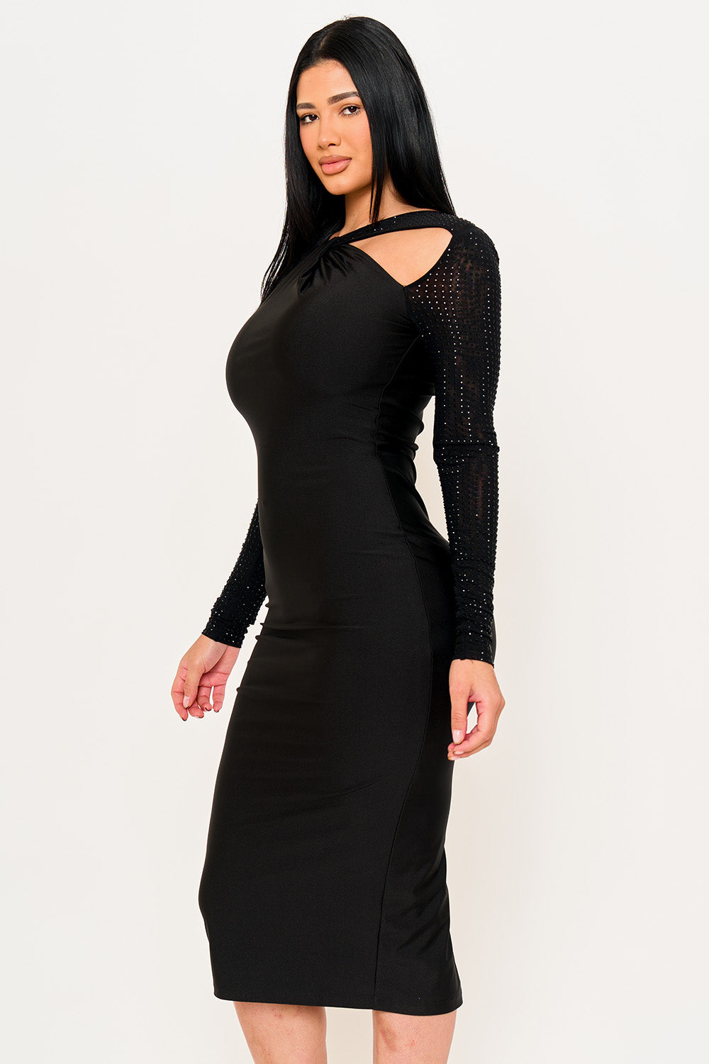 RHINESTONE ON MESH SLEEVE SATIN MIDI DRESS