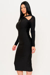 RHINESTONE ON MESH SLEEVE SATIN MIDI DRESS