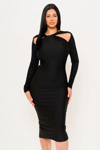 RHINESTONE ON MESH SLEEVE SATIN MIDI DRESS