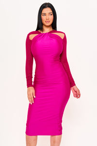 RHINESTONE ON MESH SLEEVE SATIN MIDI DRESS