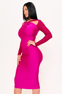 RHINESTONE ON MESH SLEEVE SATIN MIDI DRESS