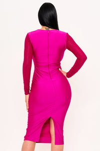 RHINESTONE ON MESH SLEEVE SATIN MIDI DRESS