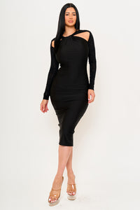 RHINESTONE ON MESH SLEEVE SATIN MIDI DRESS