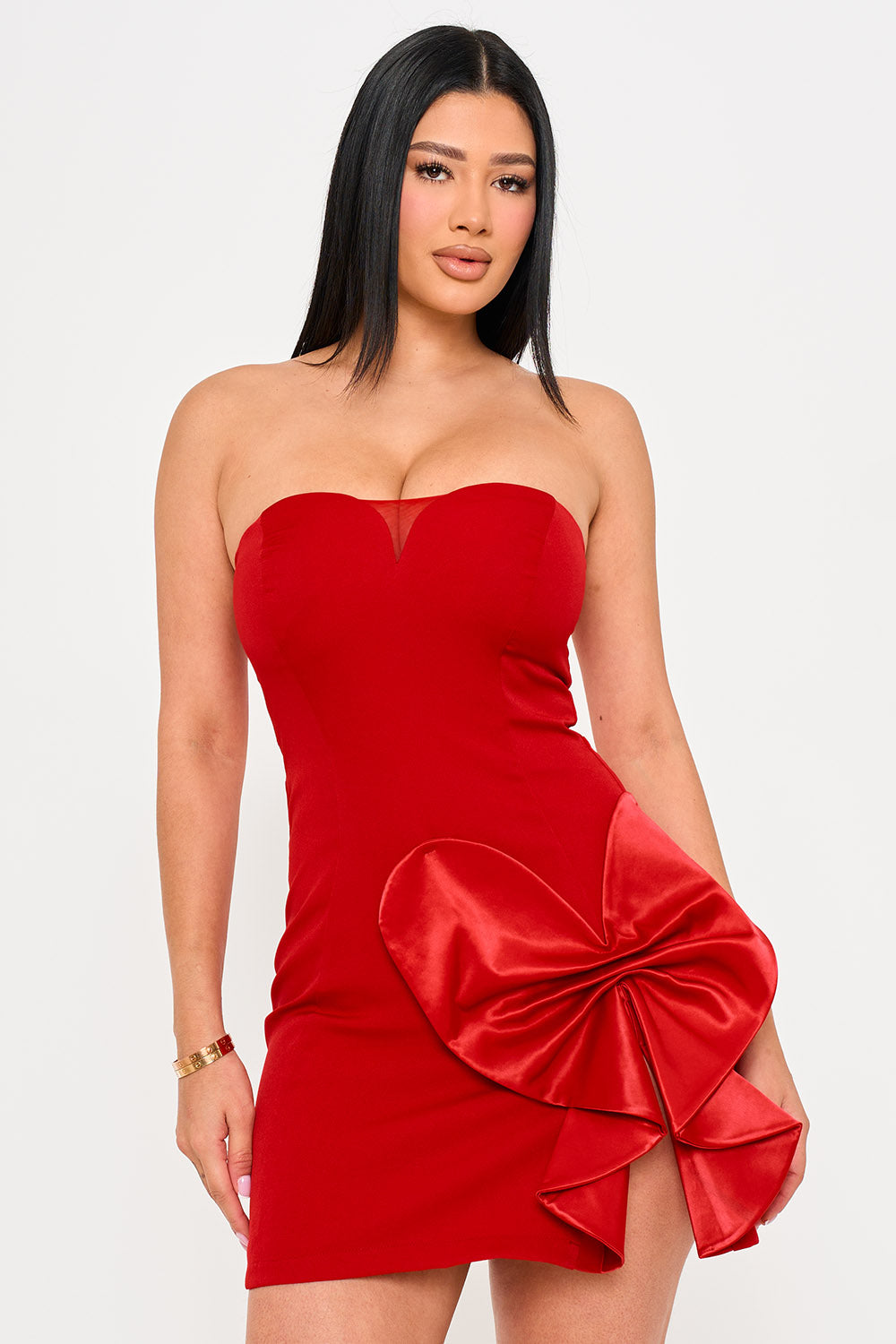 SATIN BOW DETAIL FABRIC CONTRAST MINI DRESS