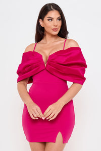 OVERSIZED SATIN BOW OFF THE SHOULDER MINI DRESS