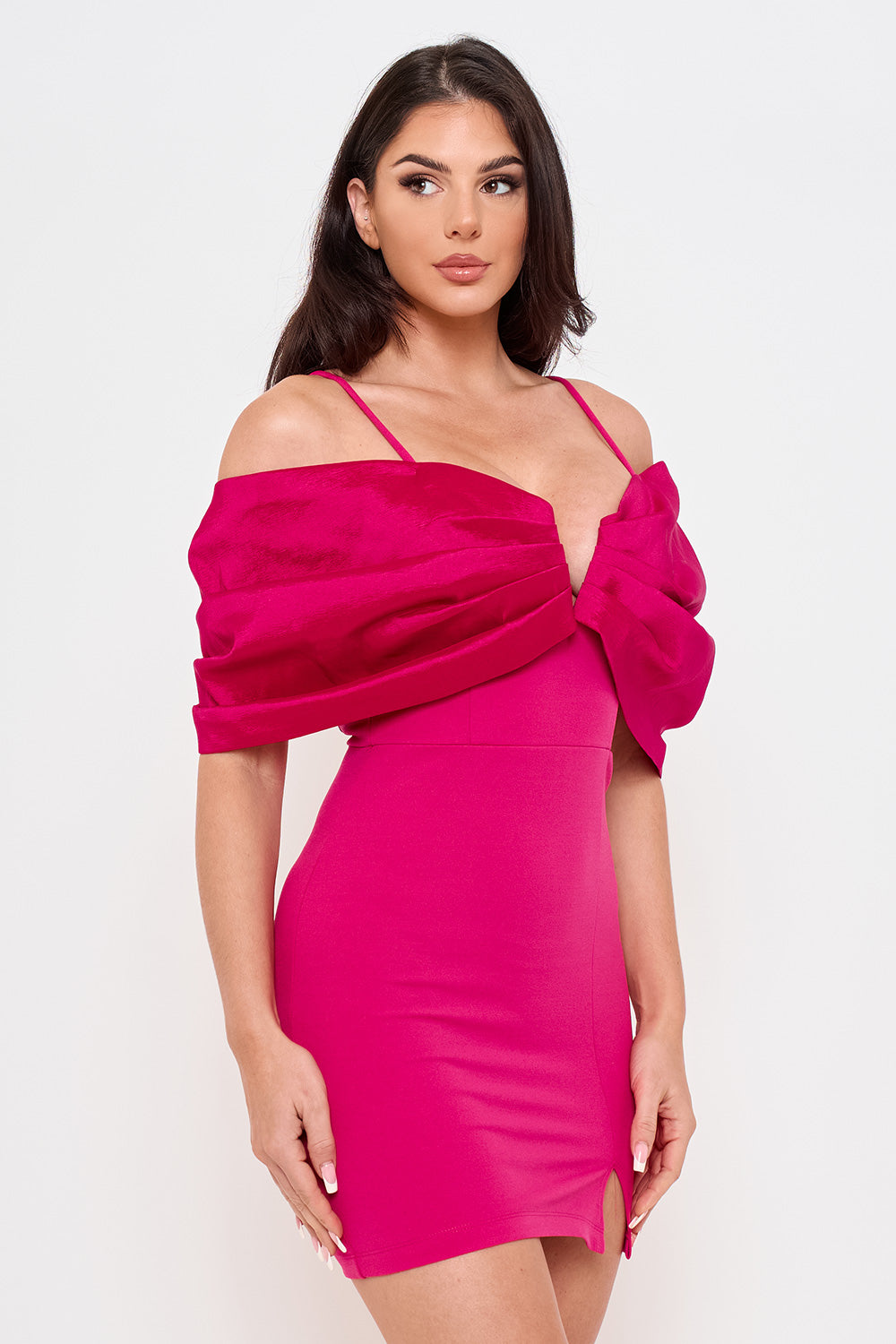 OVERSIZED SATIN BOW OFF THE SHOULDER MINI DRESS