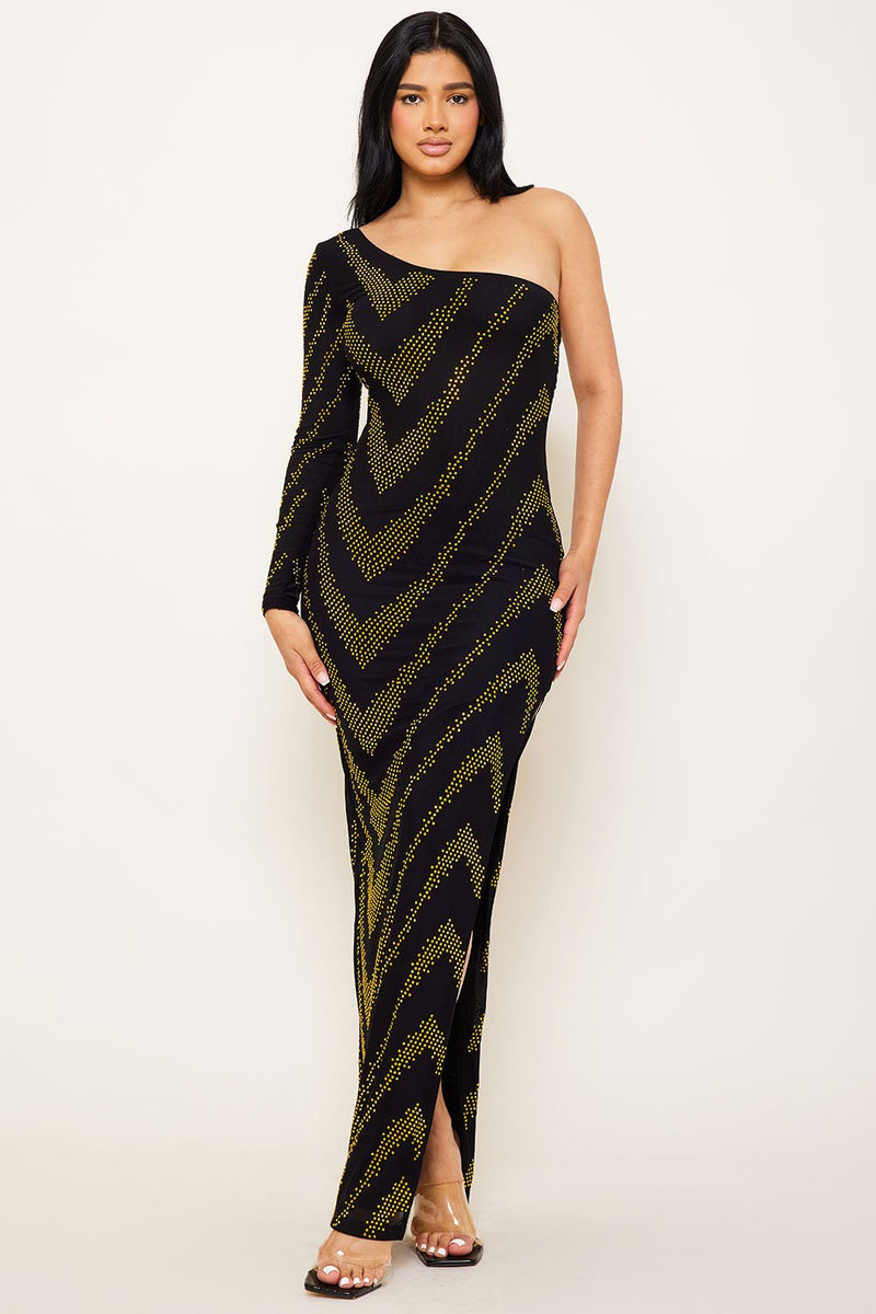 PATTERNED RHINESTONE ONE SHOULDER MAXI DRESS