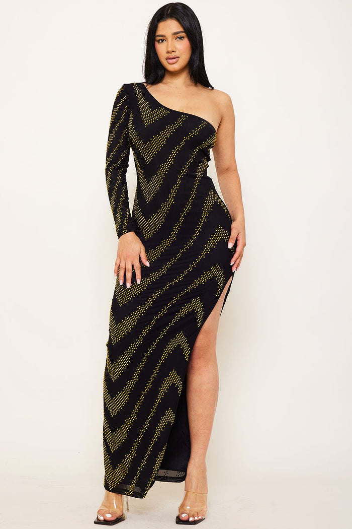 PATTERNED RHINESTONE ONE SHOULDER MAXI DRESS