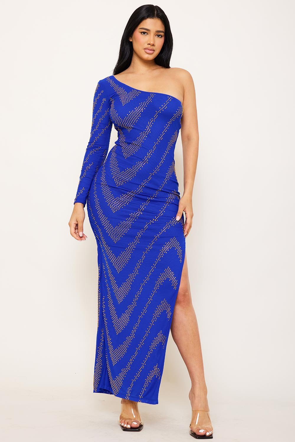 PATTERNED RHINESTONE ONE SHOULDER MAXI DRESS