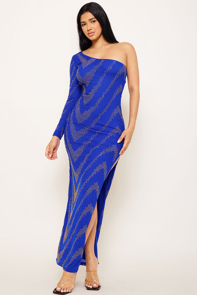 PATTERNED RHINESTONE ONE SHOULDER MAXI DRESS