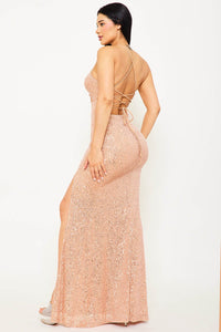 SEQUIN WITH MESH MAXI DRESS