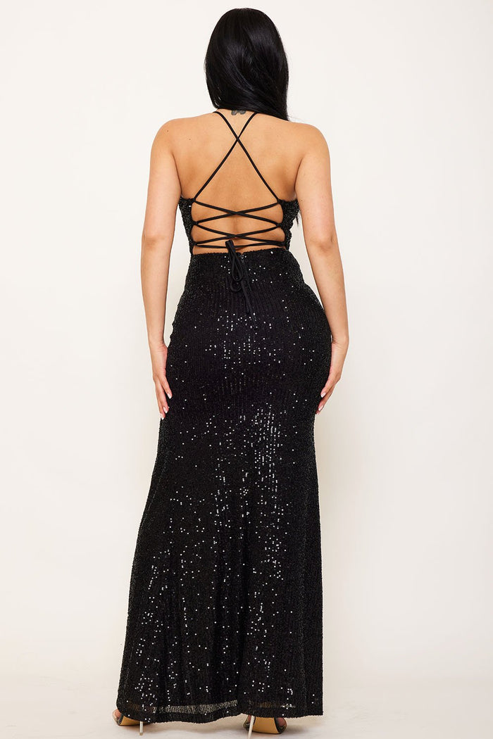 SEQUIN WITH MESH MAXI DRESS