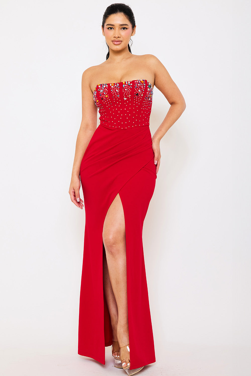 MULTI COLOR RHINESTONE WIRED BUSTIER MAXI DRESS