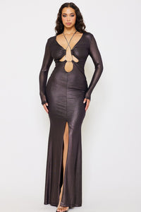 METAL RHINESTONE NECK STRAP MESH MAXI DRESS