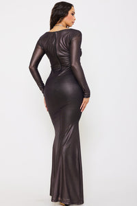 METAL RHINESTONE NECK STRAP MESH MAXI DRESS