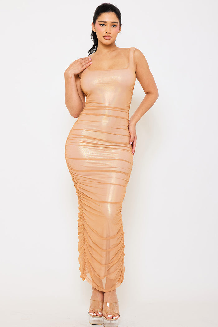 METALLIC RUCHED LONG  DRESS