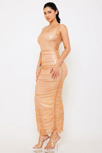 METALLIC RUCHED LONG  DRESS