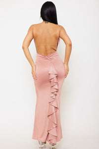 FOIL OPEN BACK WITH RUFFLE TRAIL MAXI DRESS