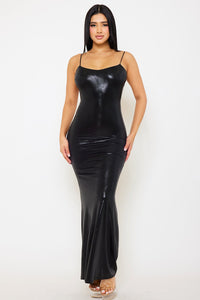 FOIL OPEN BACK WITH RUFFLE TRAIL MAXI DRESS