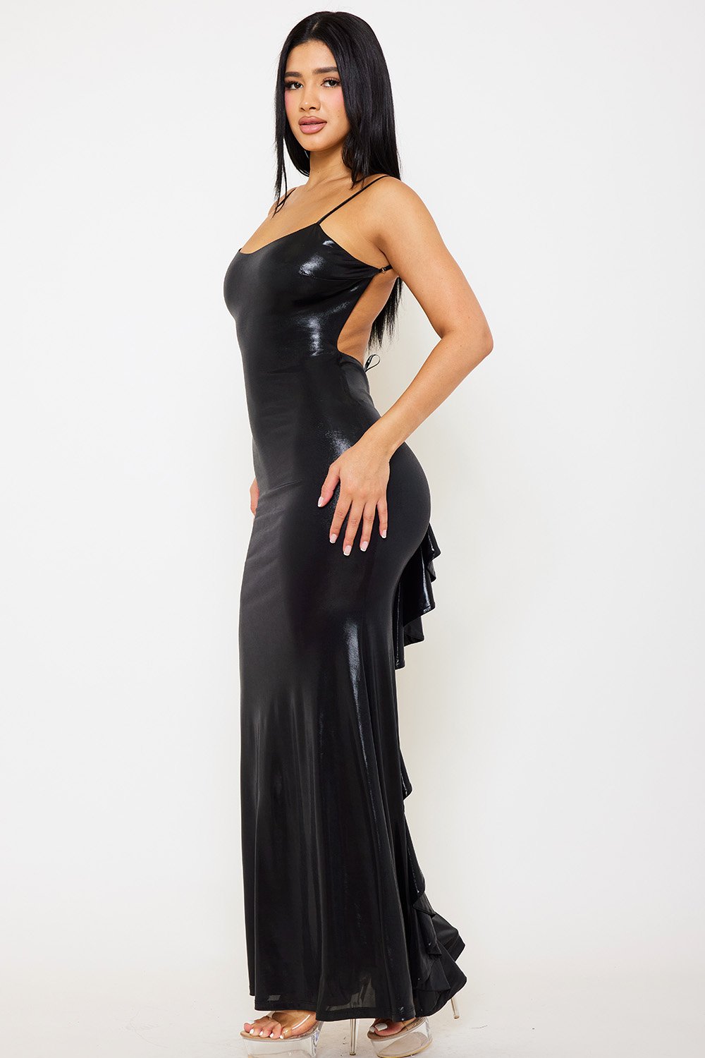 FOIL OPEN BACK WITH RUFFLE TRAIL MAXI DRESS