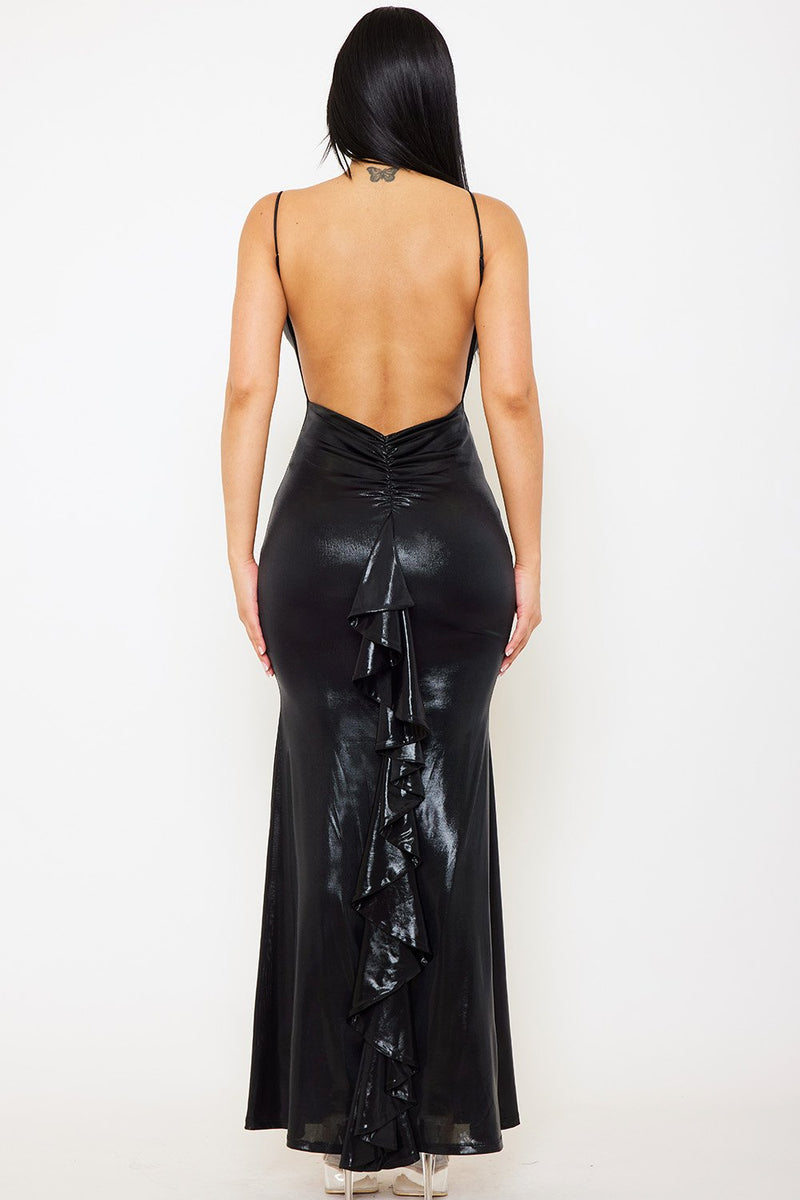 FOIL OPEN BACK WITH RUFFLE TRAIL MAXI DRESS