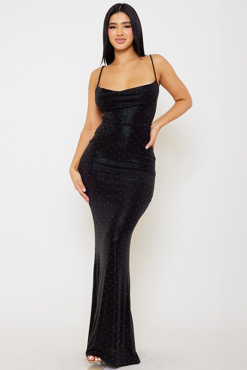 RHINESTONE SLIM COWL NECK MAXI DRESS