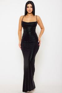 RHINESTONE SLIM COWL NECK MAXI DRESS