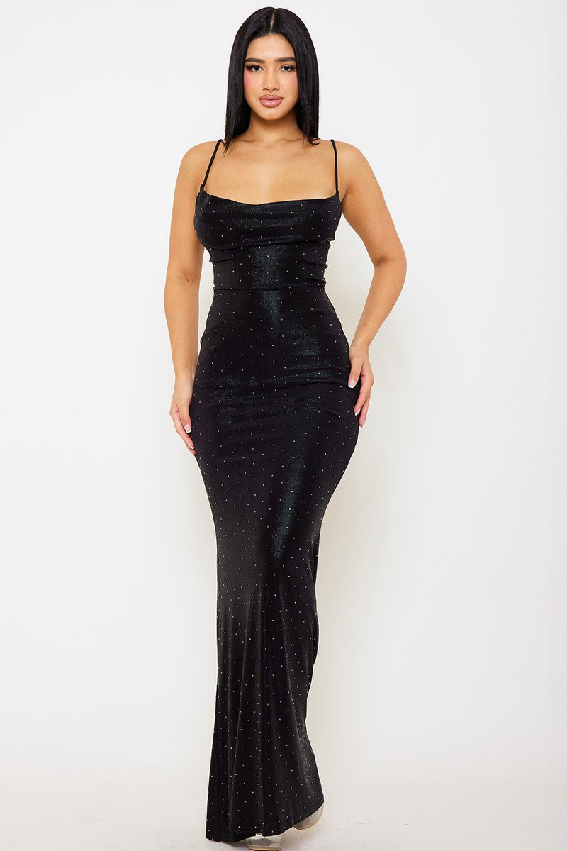 RHINESTONE SLIM COWL NECK MAXI DRESS